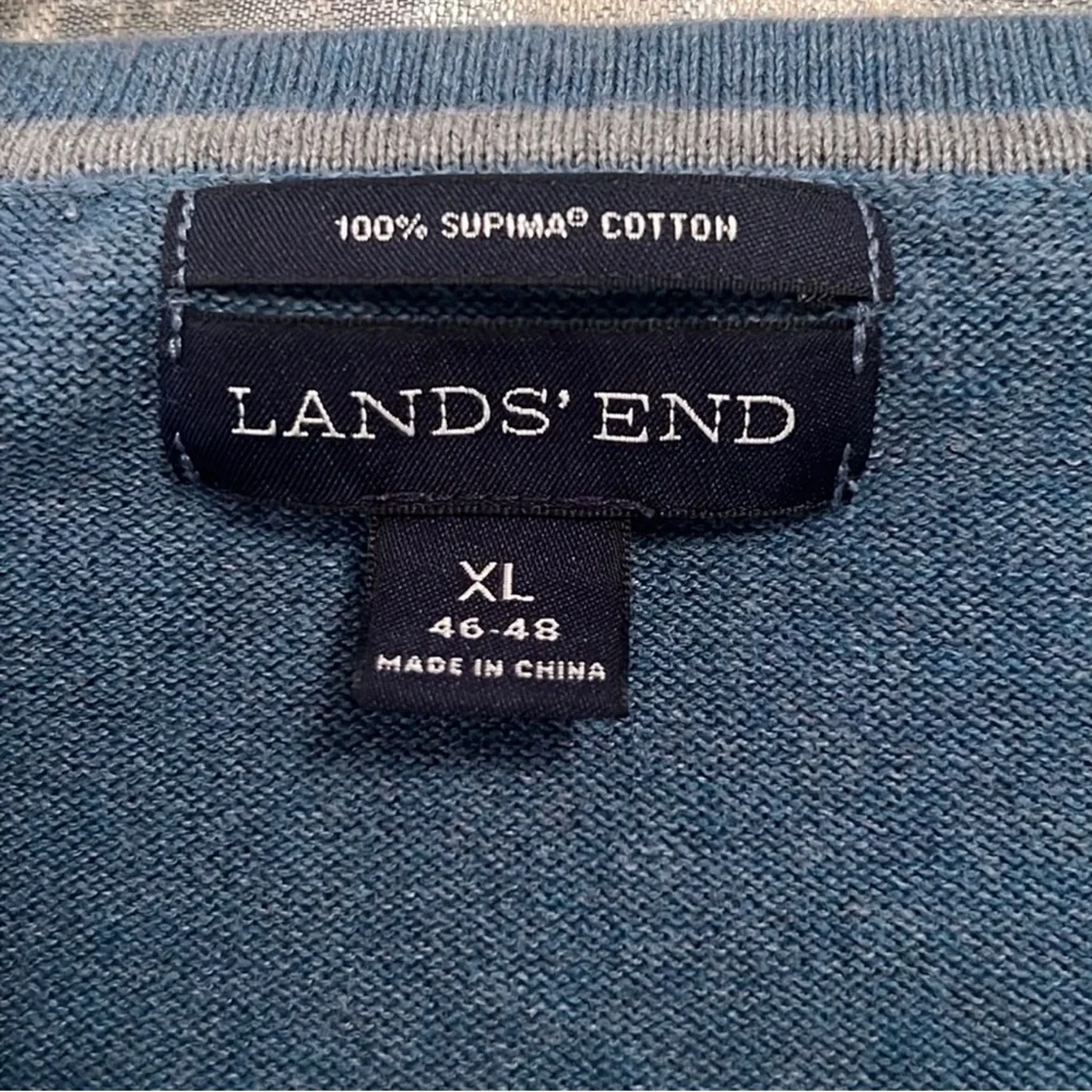 Lands' End Cotton V Neck Sweater Blue XL
